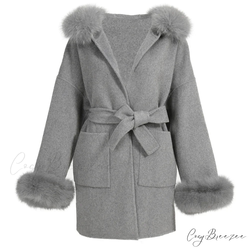 Wool Fox Fur Hooded Winter Coat Grey with cuffs / XXS overcoats-241228