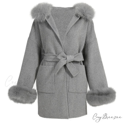 Wool Fox Fur Hooded Winter Coat Grey with cuffs / XXS overcoats-241228