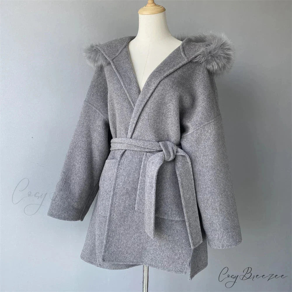 Wool Fox Fur Hooded Winter Coat Grey / XXS overcoats-241228