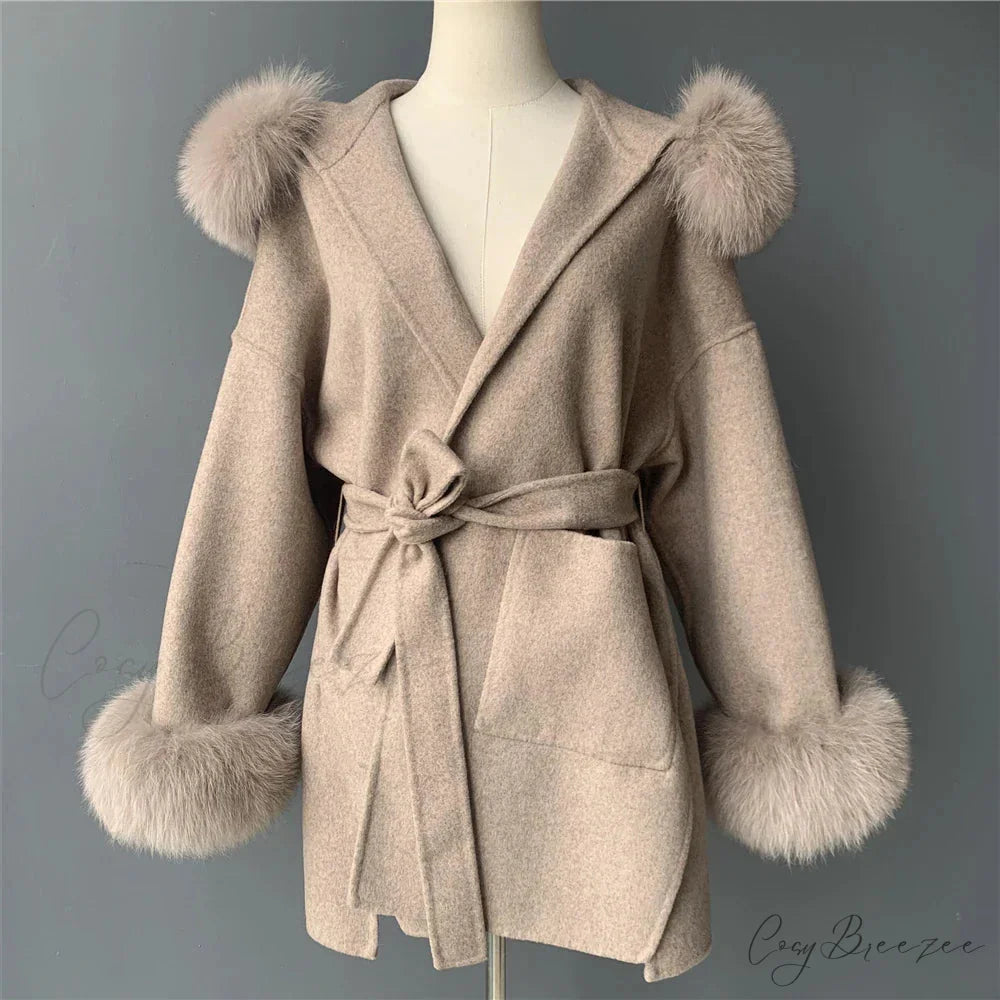 Wool Fox Fur Hooded Winter Coat Khaki whit cuffs / XXS overcoats-241228