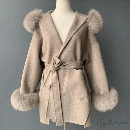 Wool Fox Fur Hooded Winter Coat Khaki whit cuffs / XXS overcoats-241228
