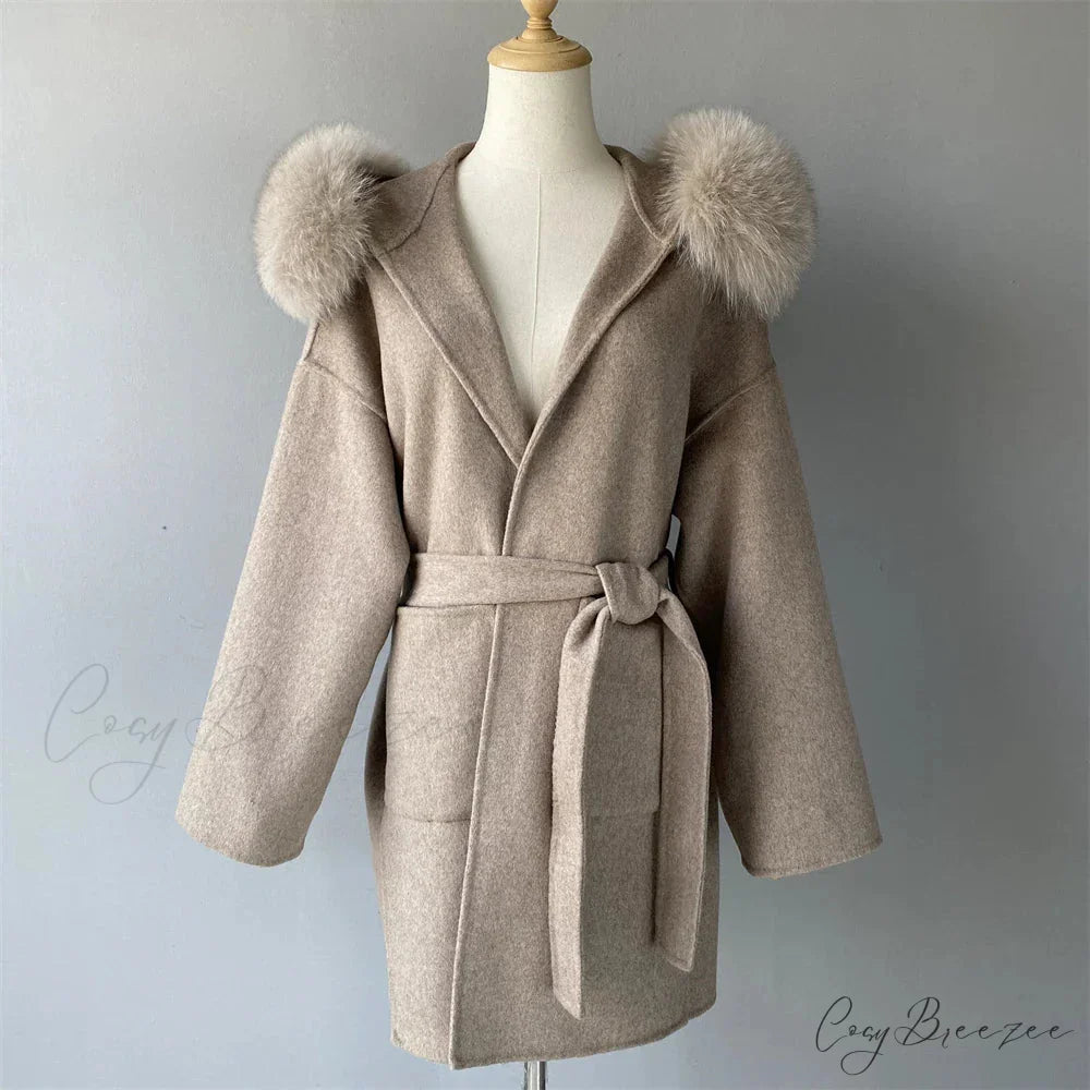 Wool Fox Fur Hooded Winter Coat Khaki / XXS overcoats-241228