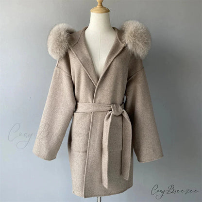 Wool Fox Fur Hooded Winter Coat Khaki / XXS overcoats-241228