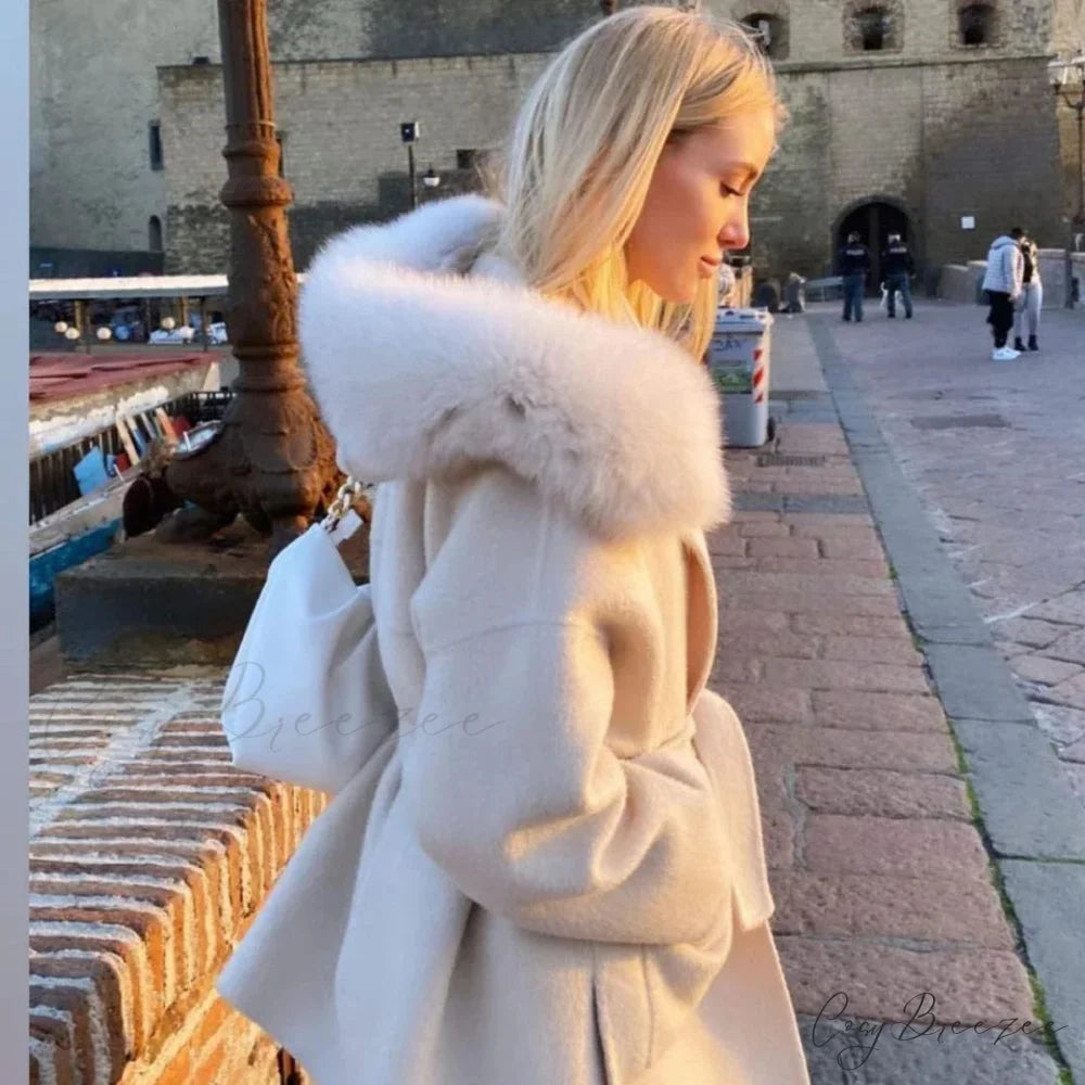 Wool Fox Fur Hooded Winter Coat overcoats-241228