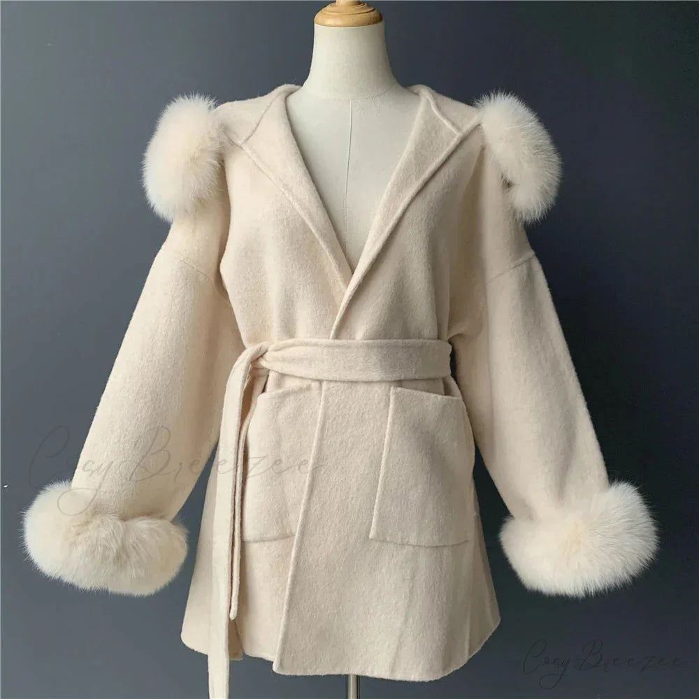 Wool Fox Fur Hooded Winter Coat White with cuffs / XXS overcoats-241228