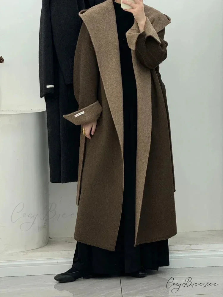 Wool Hooded Office Lady Cashmere Coat Coffee / S overcoats-241228