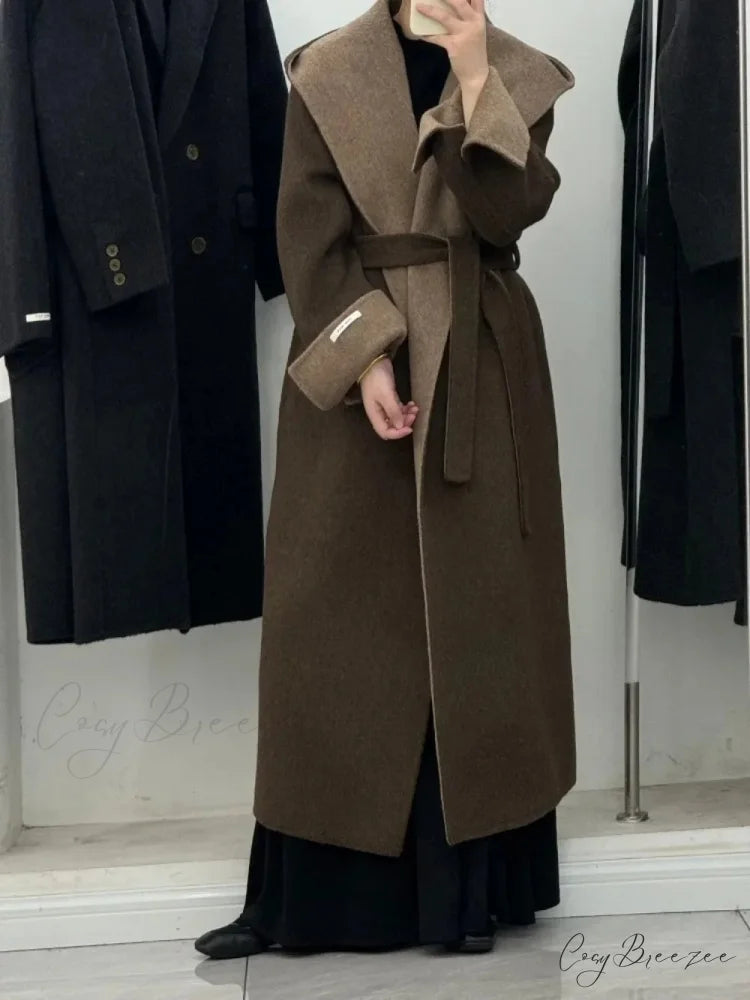 Wool Hooded Office Lady Cashmere Coat overcoats-241228