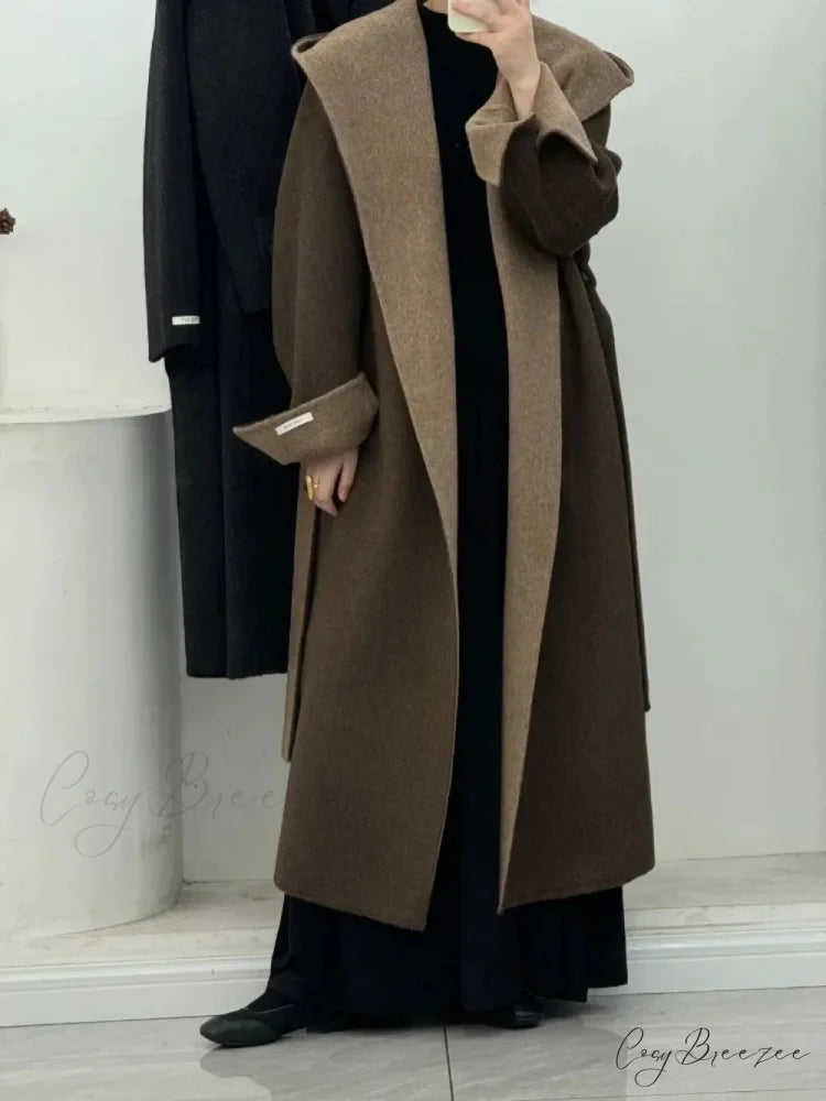 Wool Hooded Office Lady Cashmere Coat overcoats-241228