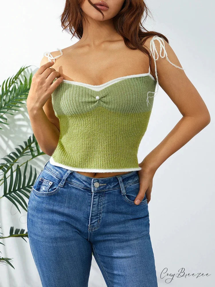 Wool Knitted Contrast Tie-up Spaghetti Strap 90s Crop Top croptop-250126