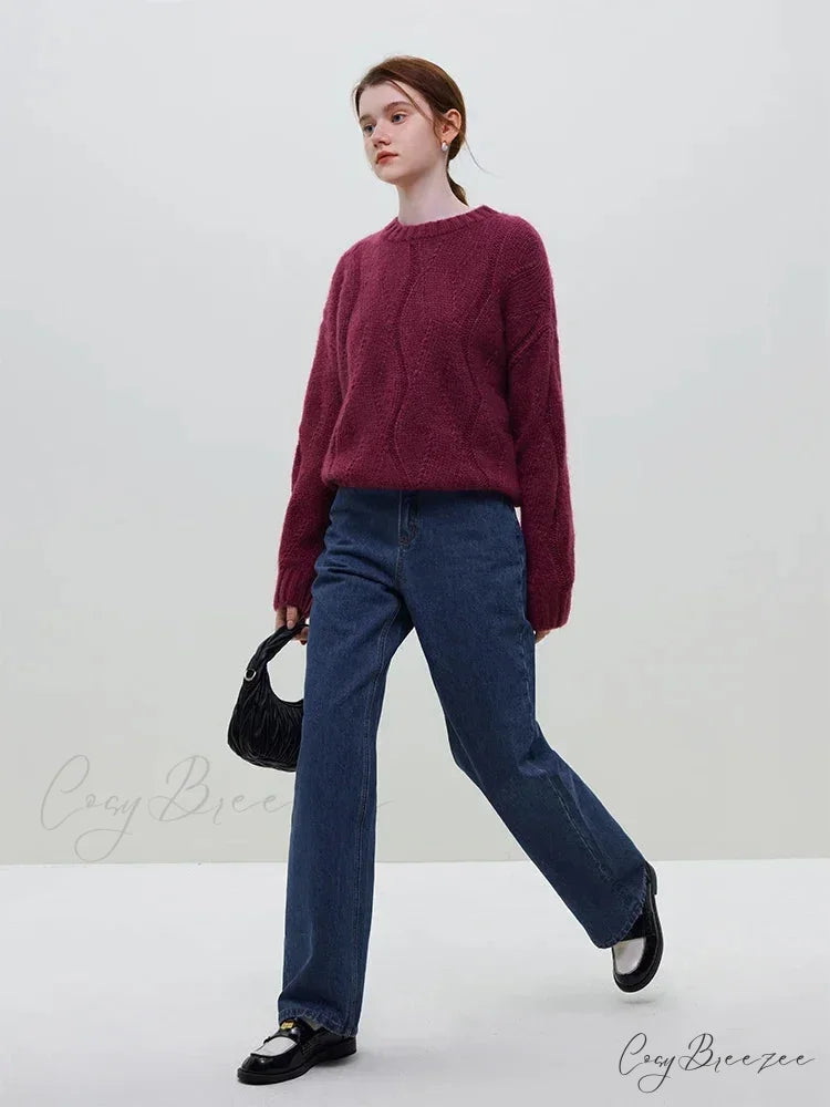 Wool Mohair Hollow Out Drop Sleeve Sweater Maroon / S swraters-241228