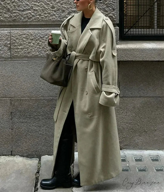 Woolen Belted Lapel Single-Breasted Coat Khaki / S overcoats-241228