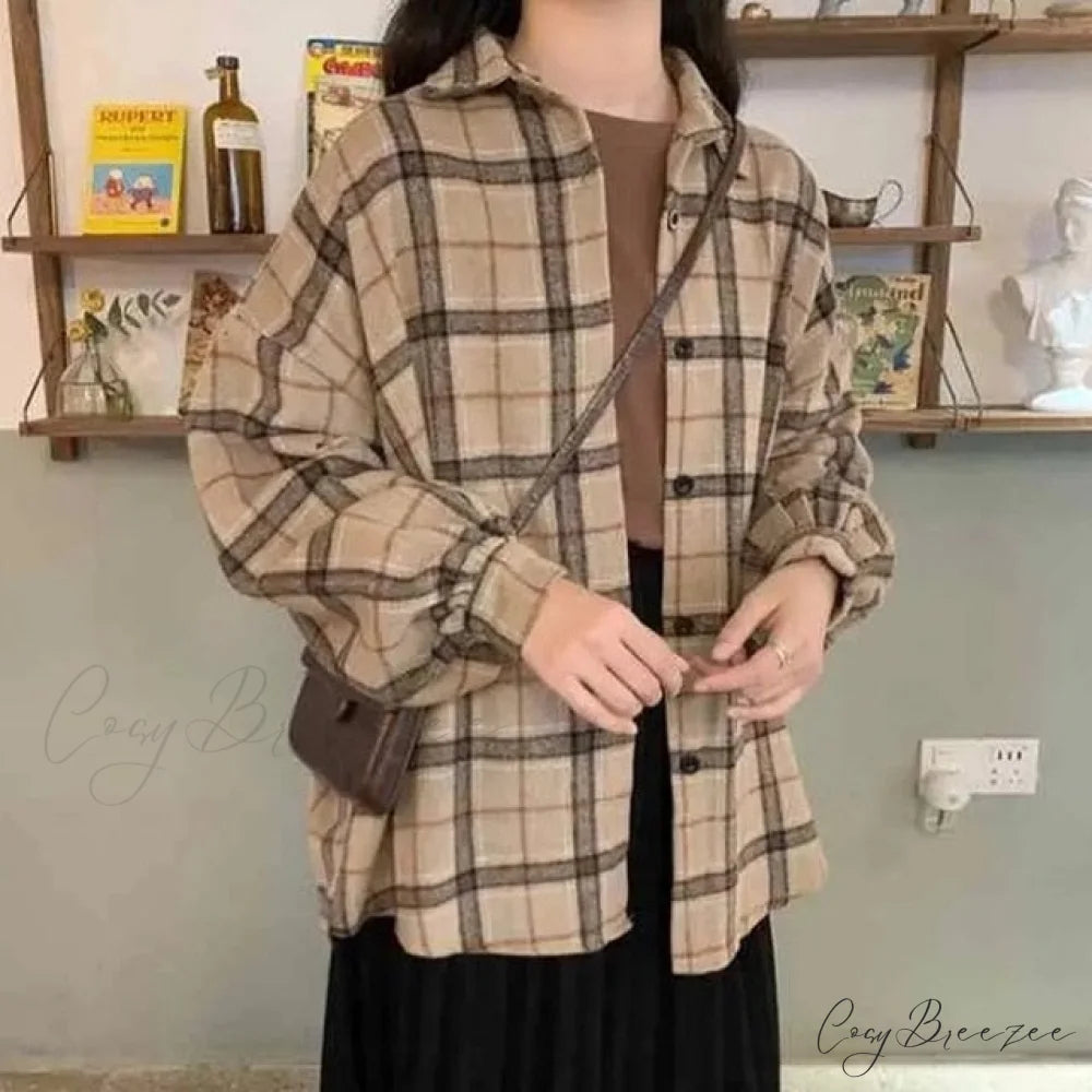 Woolen Blouse Women’s Ropa Arm Top Plaid Blouse Coat Long De Thickened Mujer S / 02-yellow