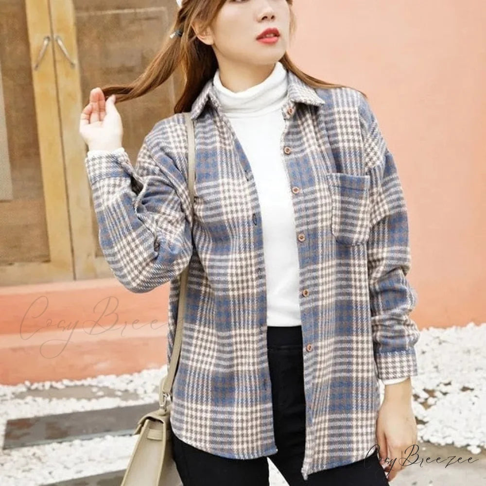 Woolen Blouse Women’s Ropa Arm Top Plaid Blouse Coat Long De Thickened Mujer S / 06-blue