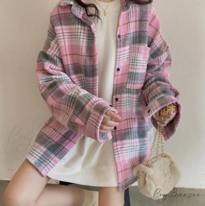 Woolen Blouse Women’s Ropa Arm Top Plaid Blouse Coat Long De Thickened Mujer S / 09-pink