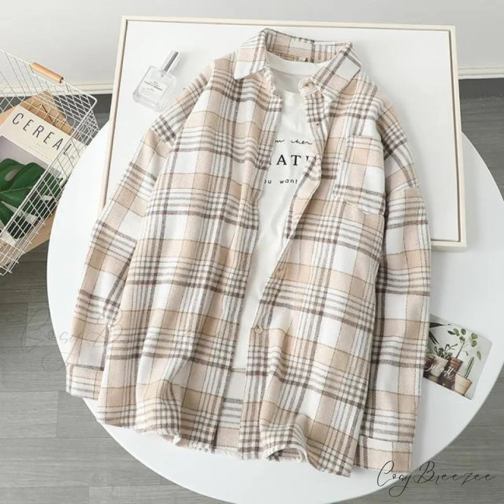 Woolen Blouse Women’s Ropa Arm Top Plaid Blouse Coat Long De Thickened Mujer S / Beige