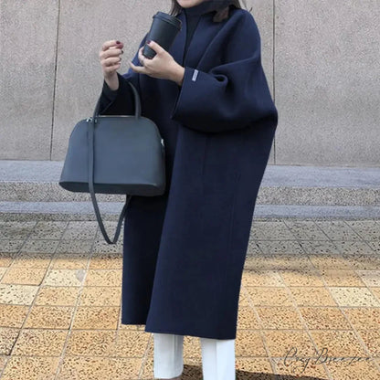 Woolen Cardigan Solid Color Long Coat Black overcoats-241228