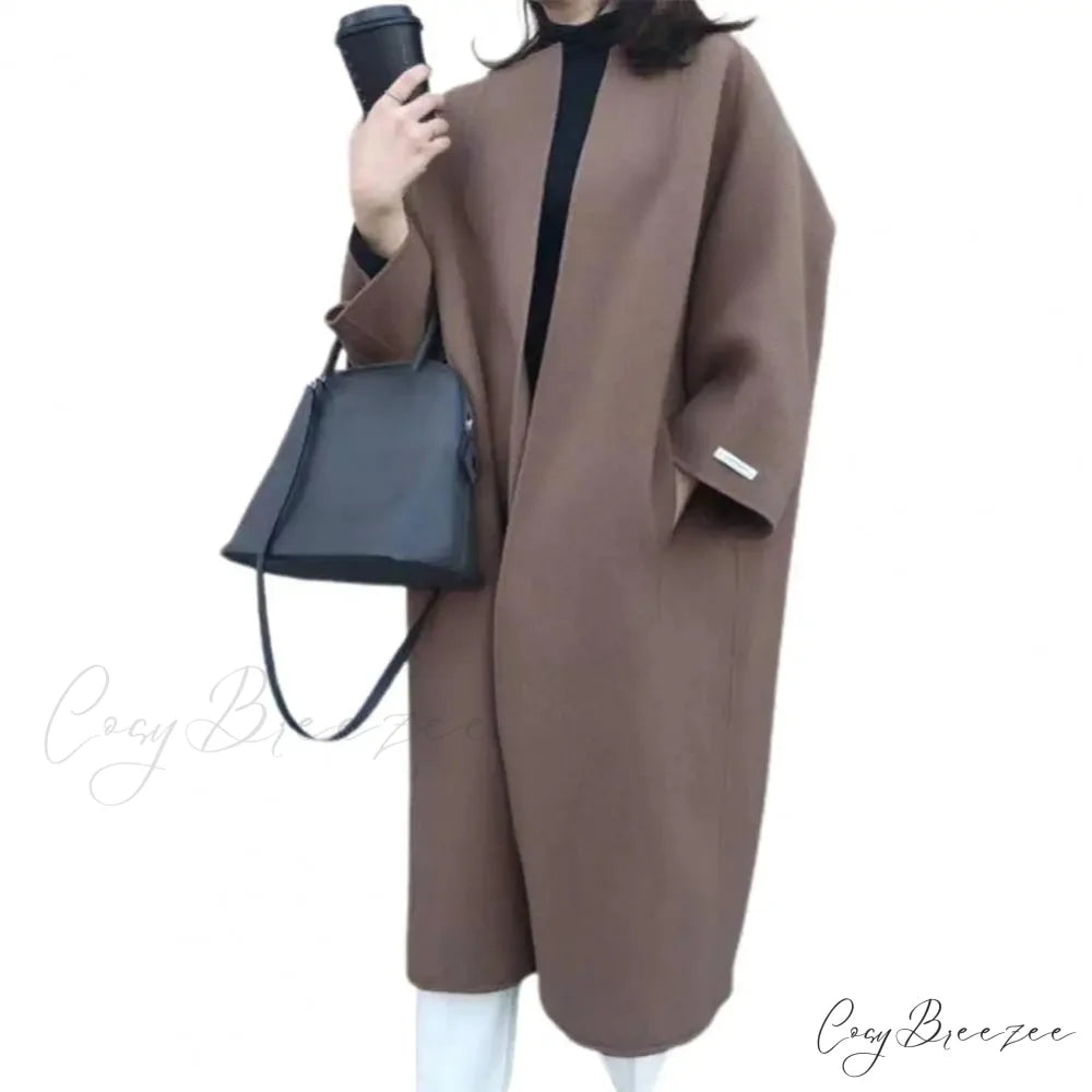 Woolen Cardigan Solid Color Long Coat Dark Coffee overcoats-241228
