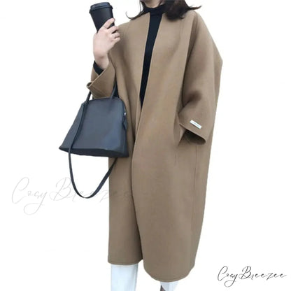 Woolen Cardigan Solid Color Long Coat Light Coffee overcoats-241228