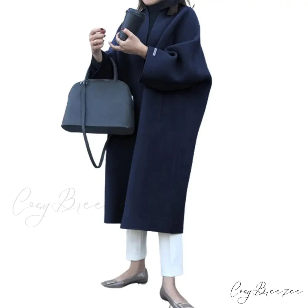 Woolen Cardigan Solid Color Long Coat Navy Blue overcoats-241228