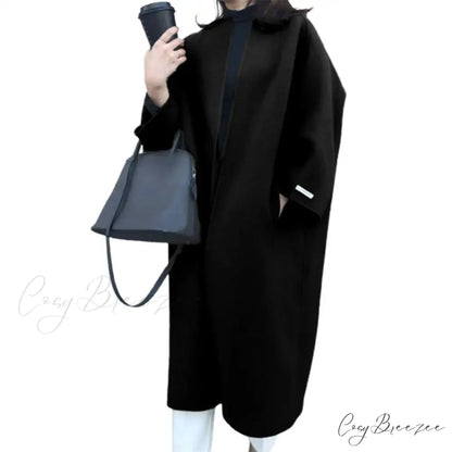 Woolen Cardigan Solid Color Long Coat overcoats-241228