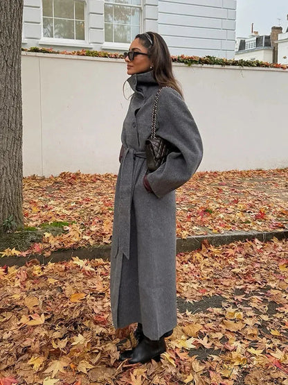 Woolen Lapel Belted Full Sleeve Coat Grey / S overcoats-241228