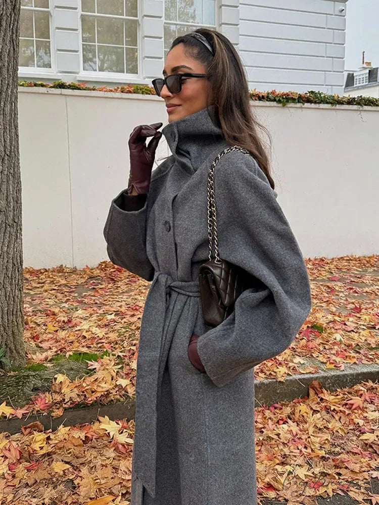 Woolen Lapel Belted Full Sleeve Coat overcoats-241228