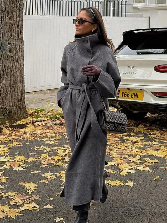 Woolen Lapel Belted Full Sleeve Coat overcoats-241228