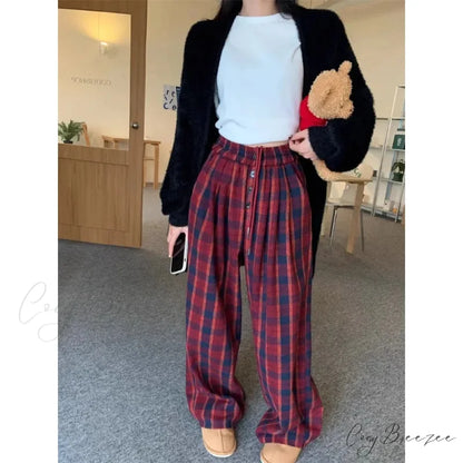 Woolen Plaid Vintage Winter Pants Red / S pants-241228