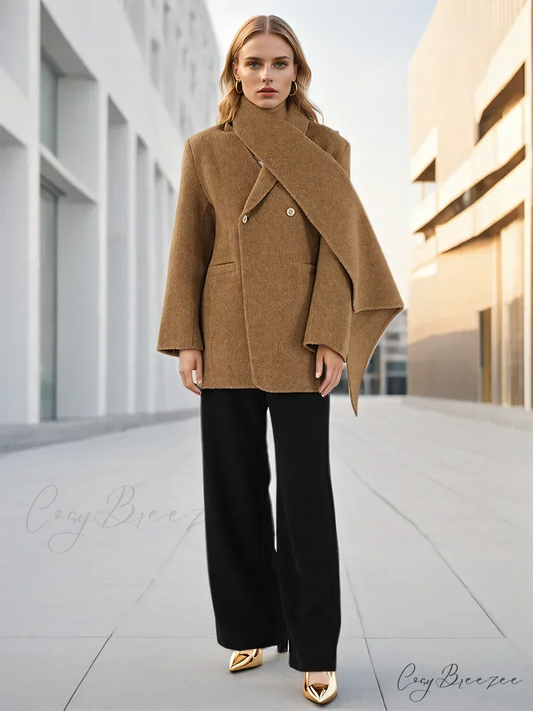 Woolen Scarf Collar Double-Breasted Coat Khaki / S overcoats-241228