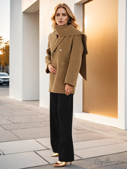 Woolen Scarf Collar Double-Breasted Coat overcoats-241228