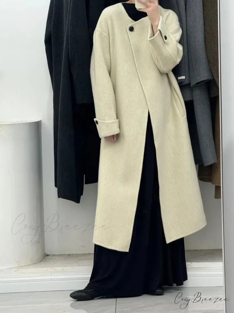 Woolen Single Button Full Sleeve Coat Beige / S overcoats-241228