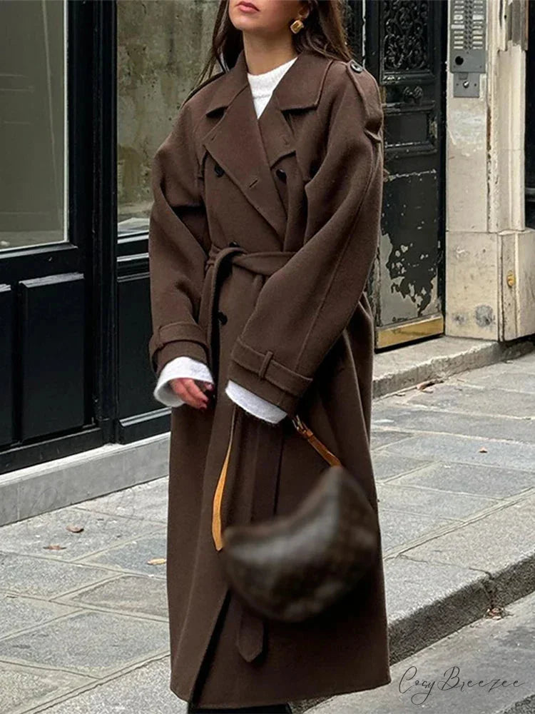 Woolen Trench Belted Lapel Full Sleeve Coat overcoats-241228