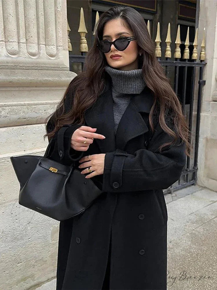 Woolen Trench Belted Lapel Full Sleeve Coat overcoats-241228