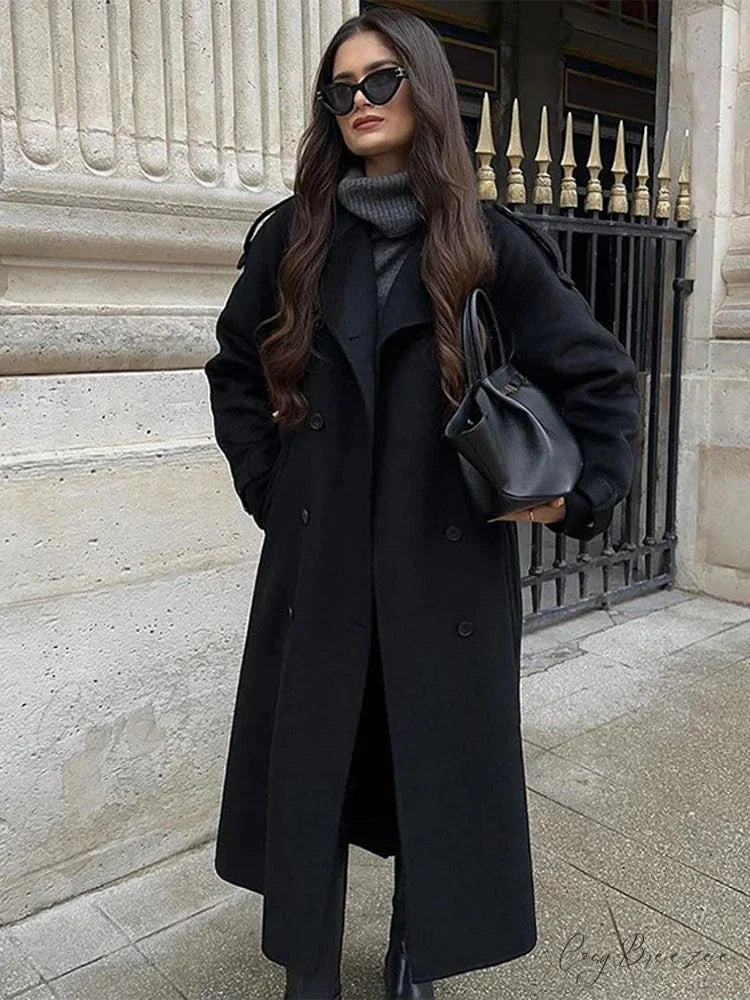 Woolen Trench Belted Lapel Full Sleeve Coat overcoats-241228