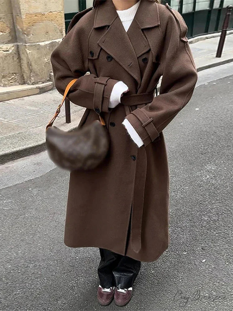 Woolen Trench Belted Lapel Full Sleeve Coat overcoats-241228