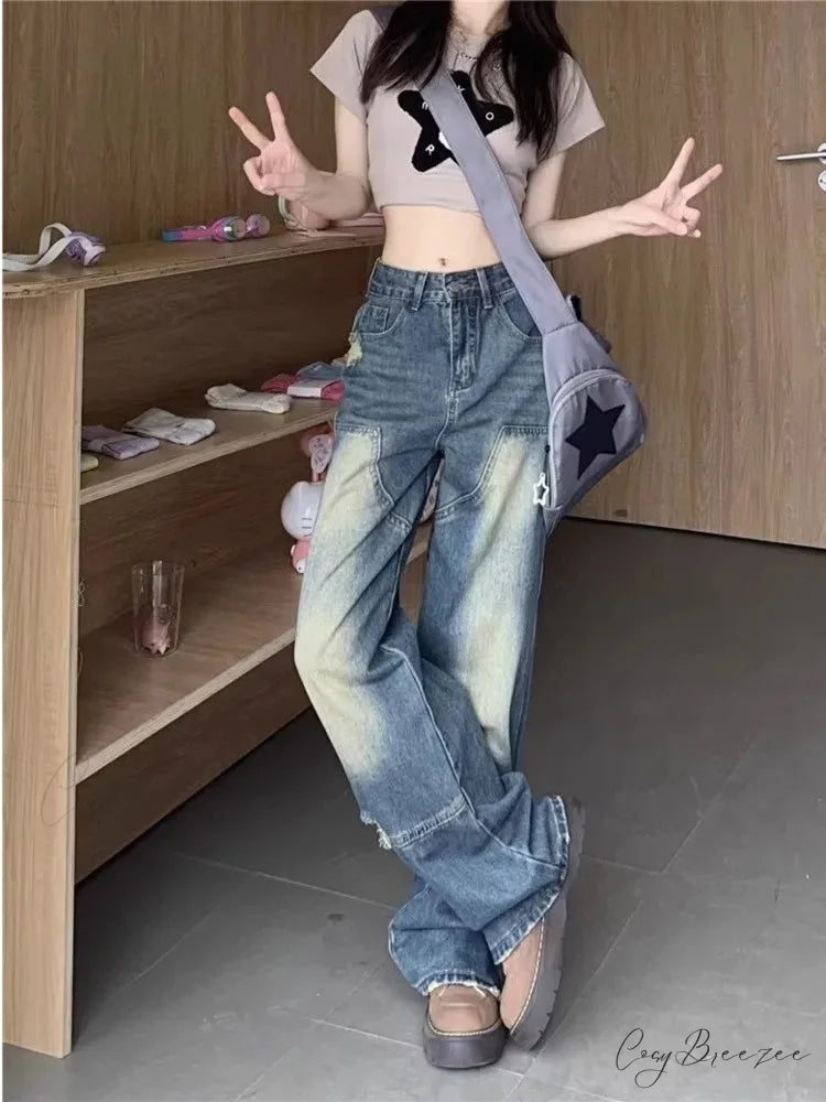 Worn-out Hole Vintage Straight Summer Loose Fitting Wide-Leg Floor Length Jean