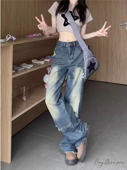 Worn-out Hole Vintage Straight Summer Loose Fitting Wide-Leg Floor Length Jean