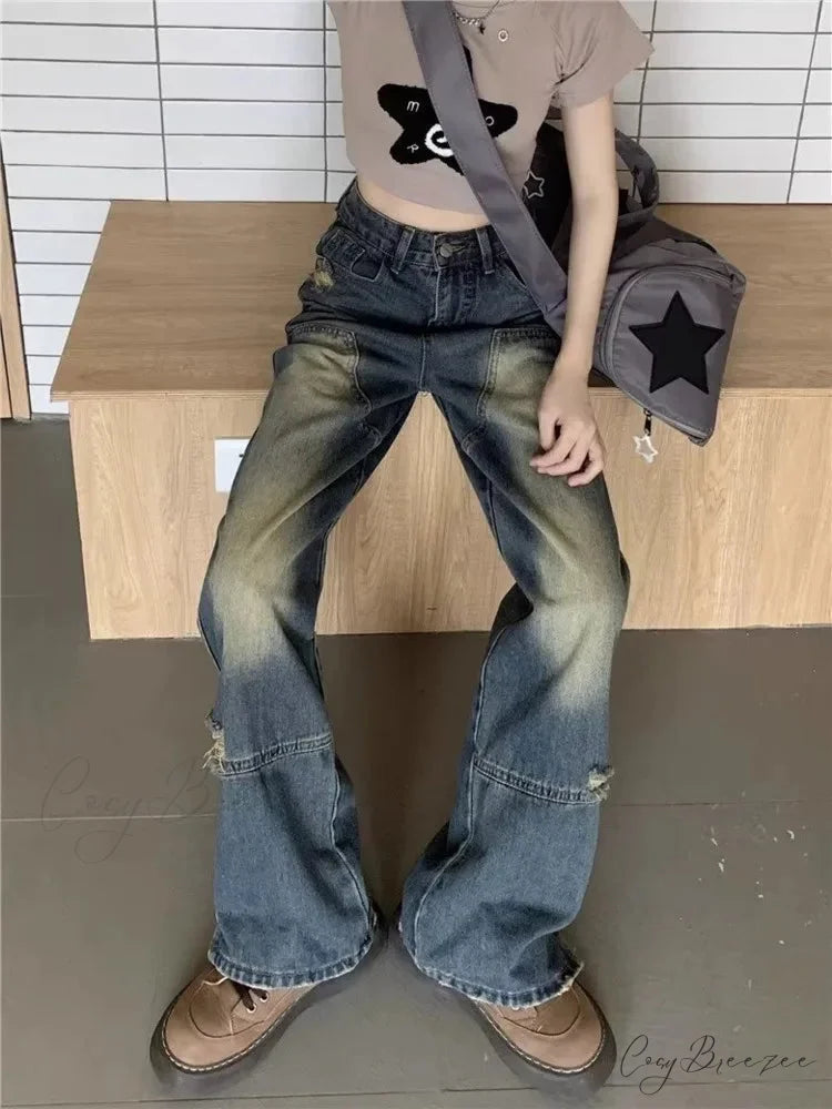 Worn-out Hole Vintage Straight Summer Loose Fitting Wide-Leg Floor Length Jean