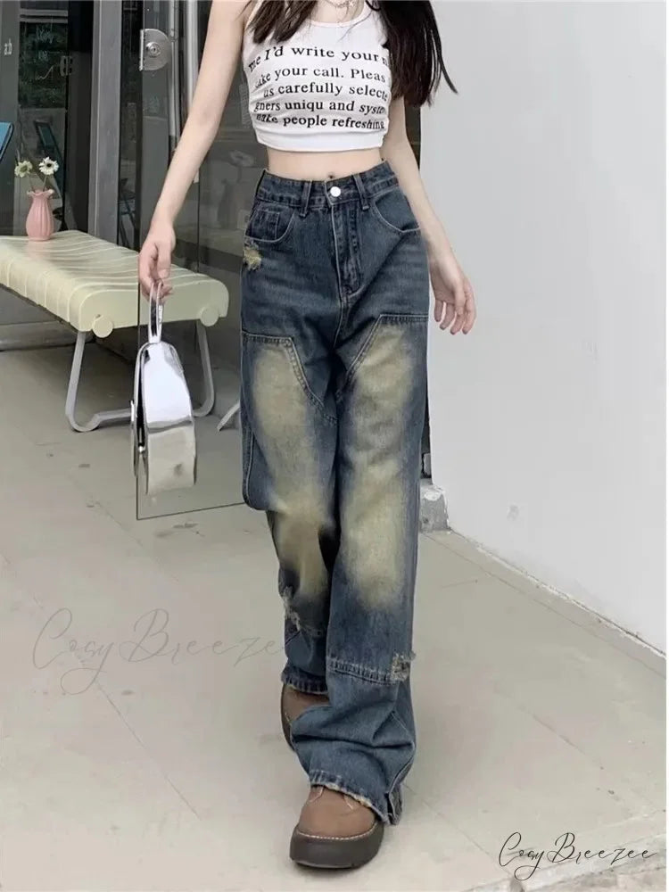 Worn-out Hole Vintage Straight Summer Loose Fitting Wide-Leg Floor Length Jean