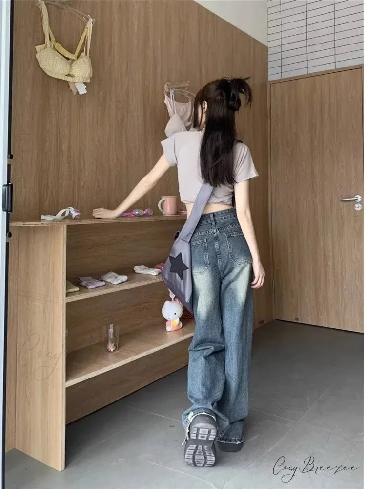 Worn-out Hole Vintage Straight Summer Loose Fitting Wide-Leg Floor Length Jean
