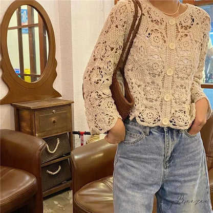 Woven Hollow Short Versatile Energetic Knit Cardigan cardiagn-250126