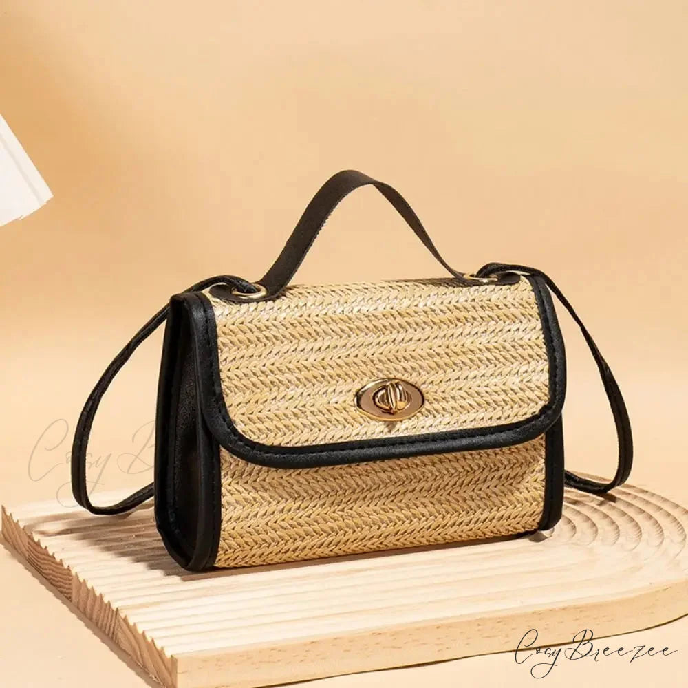 Woven Messenger Straw Travel Tote Handbag Black handbag-250126