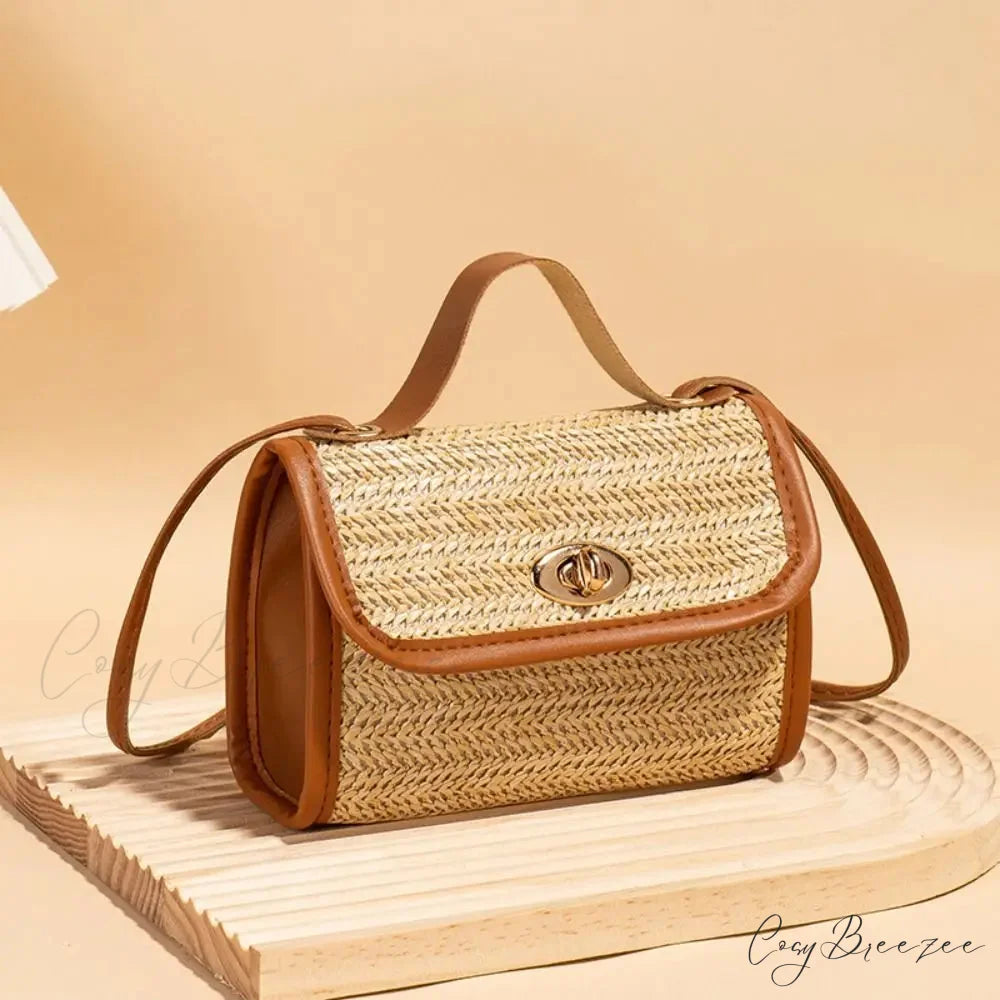 Woven Messenger Straw Travel Tote Handbag Brown handbag-250126