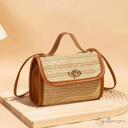 Woven Messenger Straw Travel Tote Handbag Brown handbag-250126