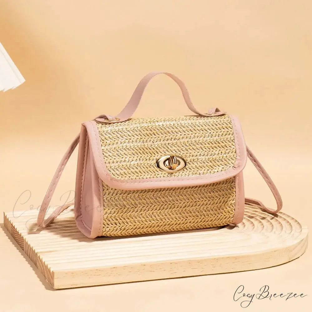 Woven Messenger Straw Travel Tote Handbag Pink handbag-250126