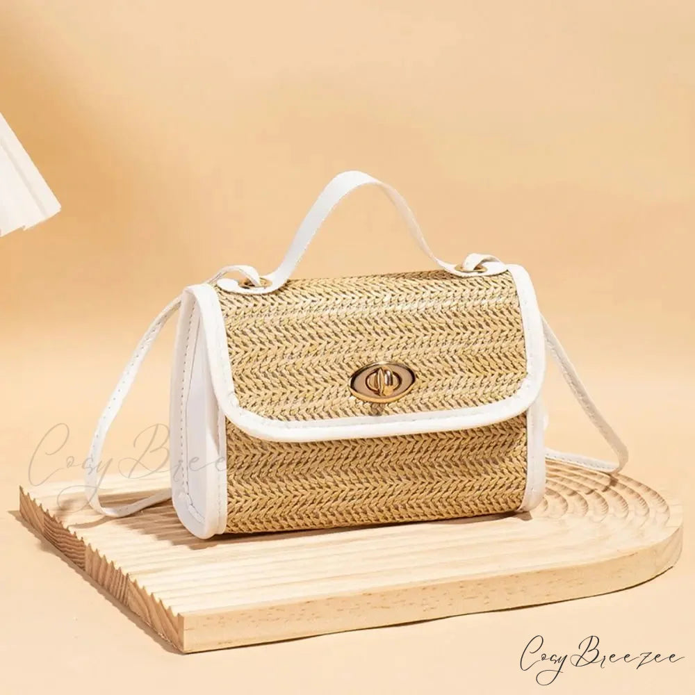 Woven Messenger Straw Travel Tote Handbag White handbag-250126