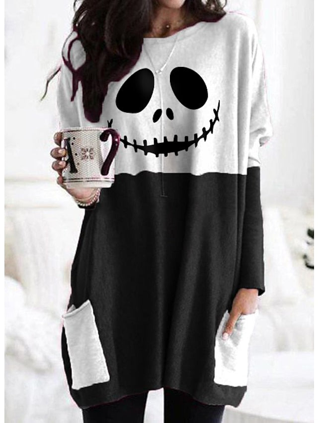 Abstract Women's Design Black Painting Shirts Round Neck Block White Halloween Long Tunic Plaid Weekend and for and Arm Color Wine in Pocket with Design