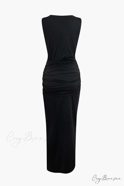 Wrap Ruched Slit Deep Graceful V-neck Sleeveless Maxi Dress