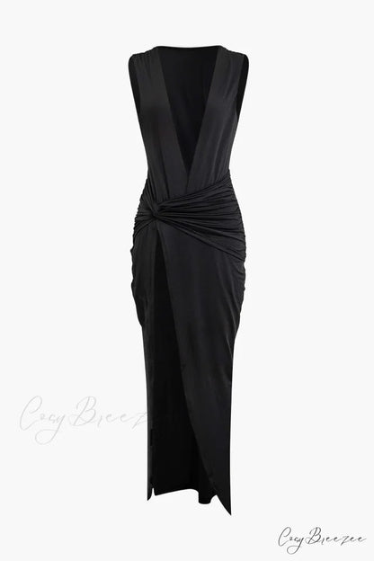Wrap Ruched Slit Deep Graceful V-neck Sleeveless Maxi Dress BLACK / S