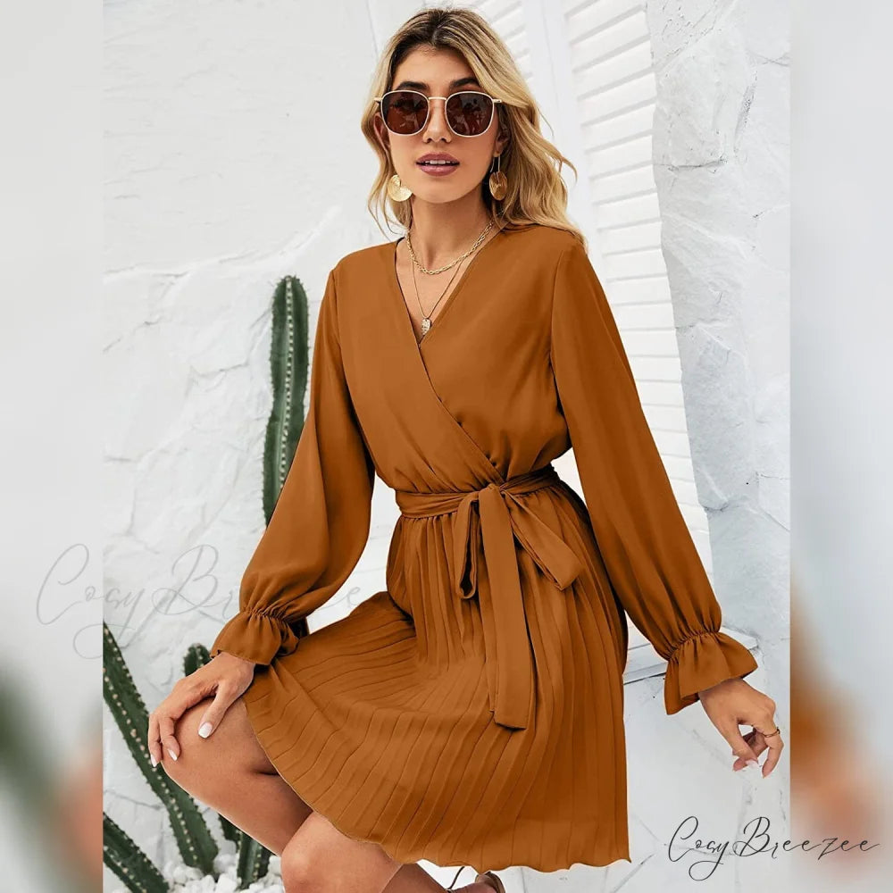 Wrap V Neck Pleated Long Sleeve Mini Dress for Women